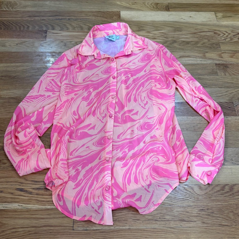 Princess Polly Pink Orange Marble Swirl Button Up Shirt Long Sleeve Blouse Sz 2